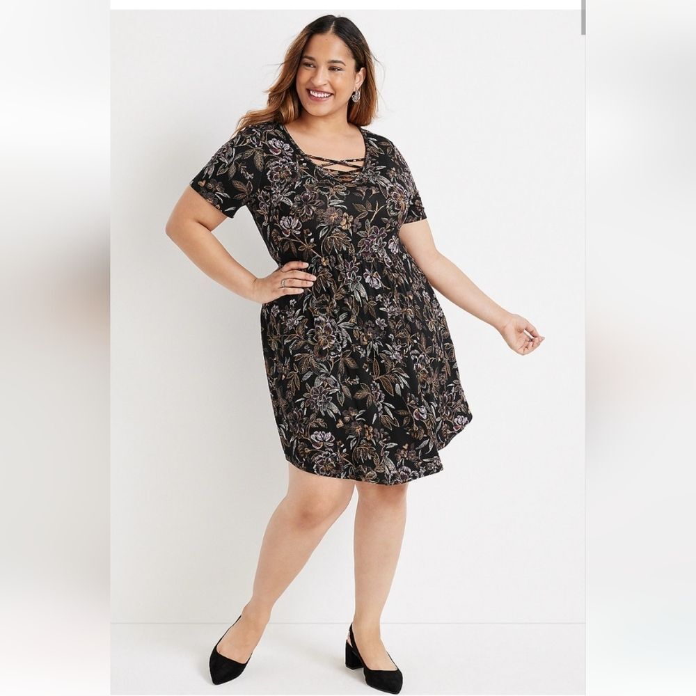 Lace Up Floral Skater Mini Dress - Picture 1 of 6